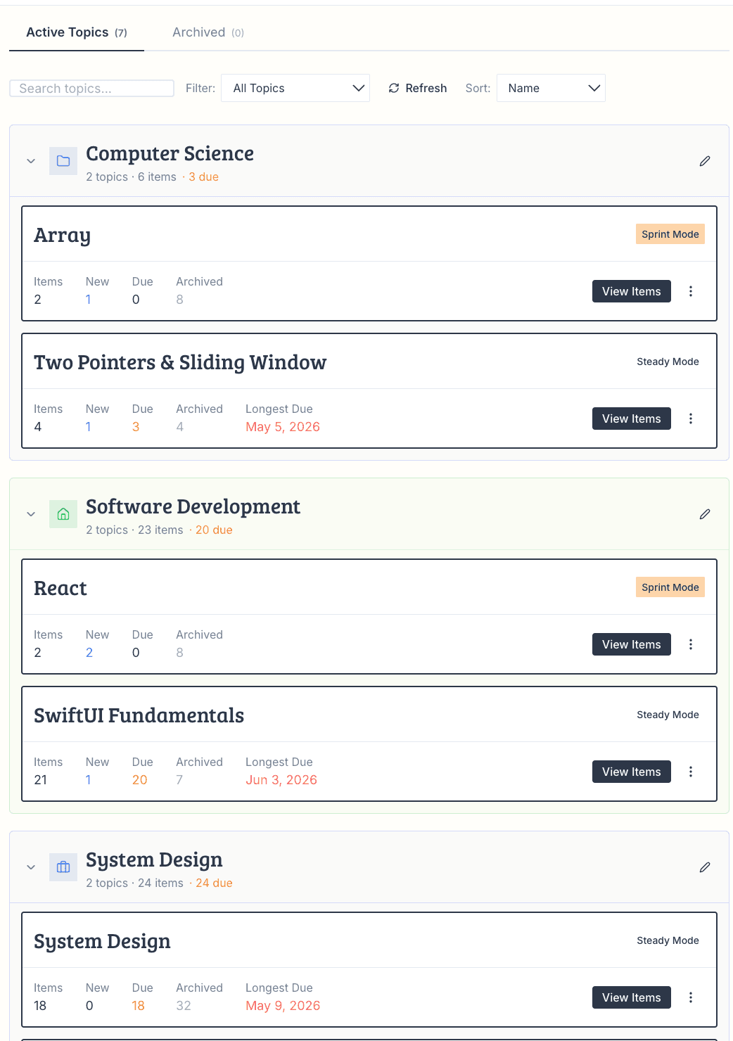 Retentive web app — Active Topics dashboard
