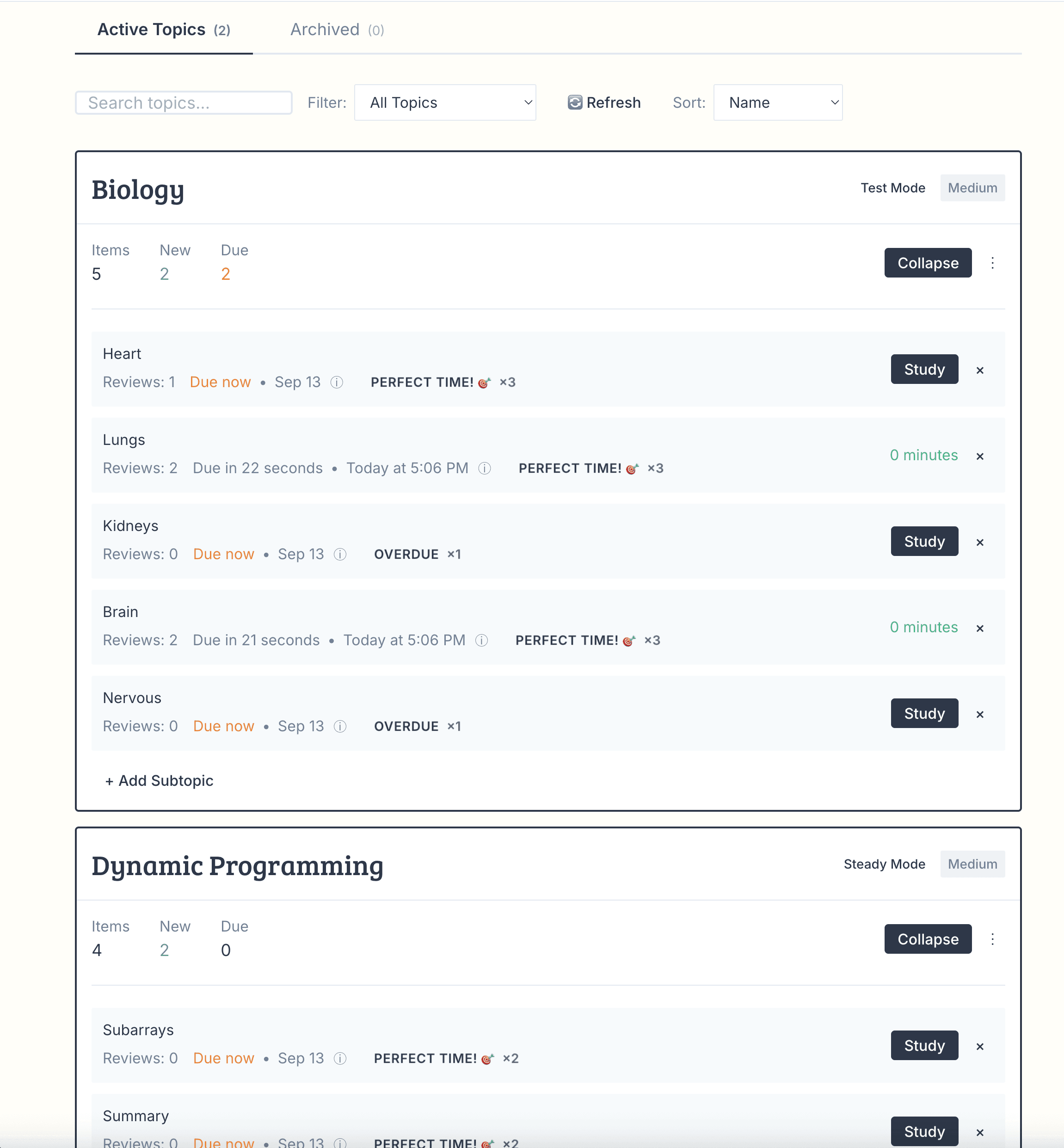 Retentive web app — topics with due reviews