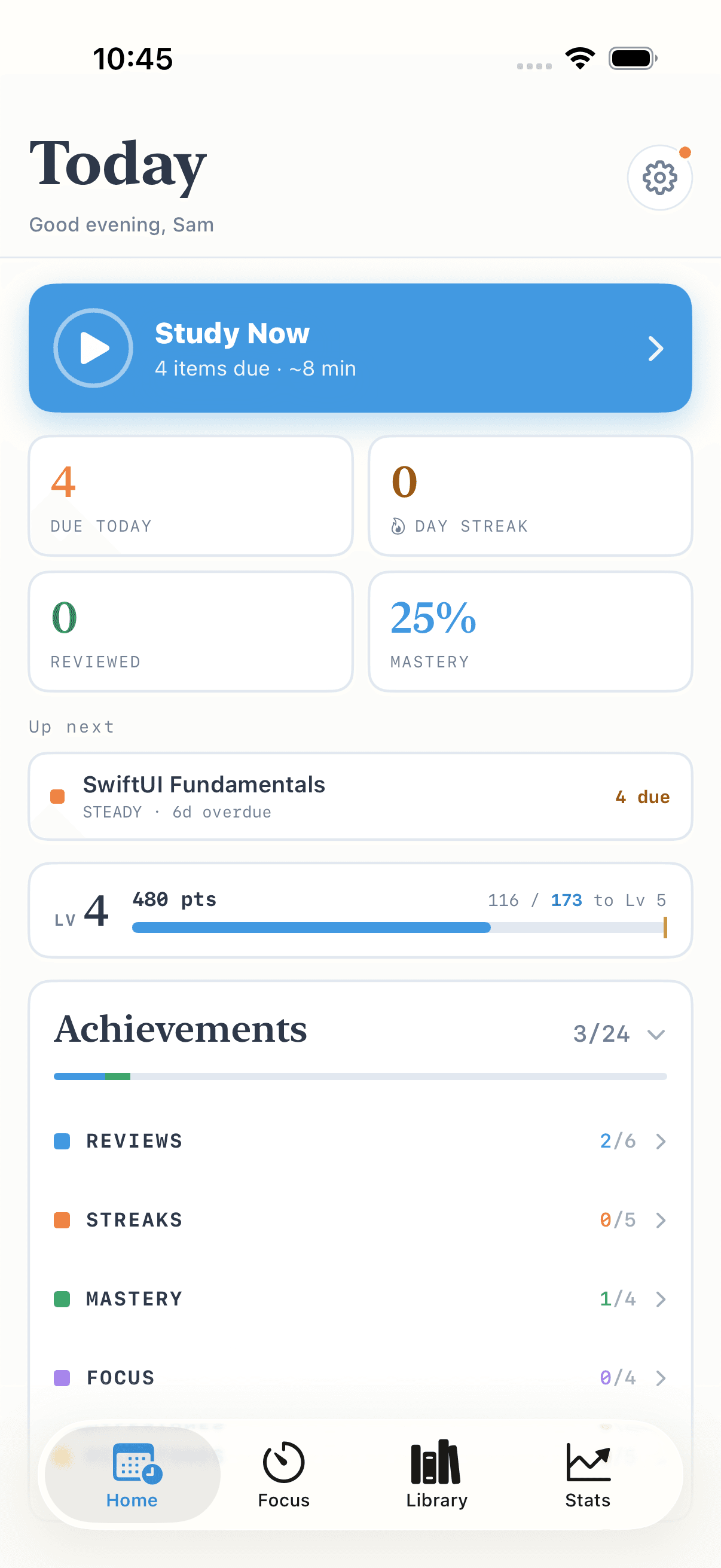 Retentive Today screen — 4 items due with a Study Now button