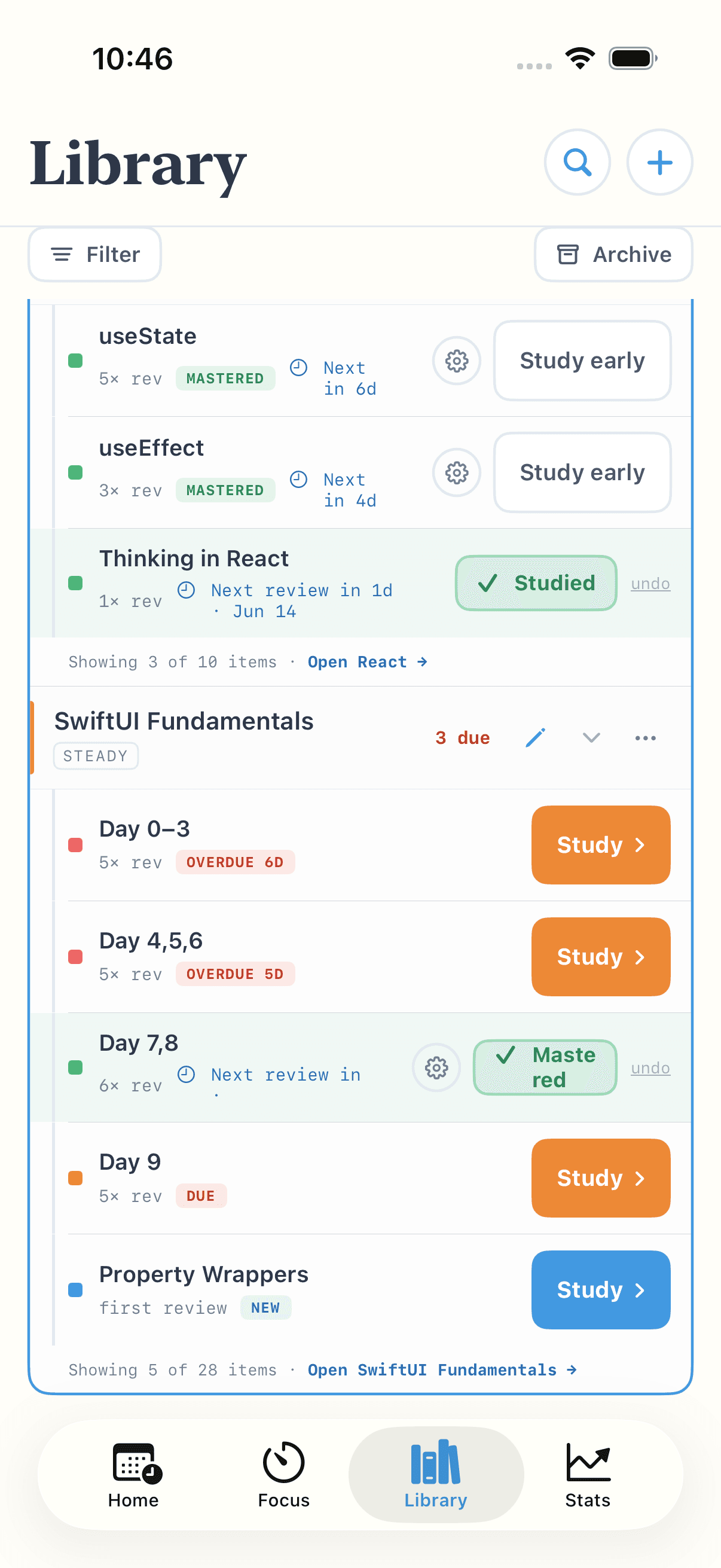 Items marked Studied and Mastered as reviews spread out over time