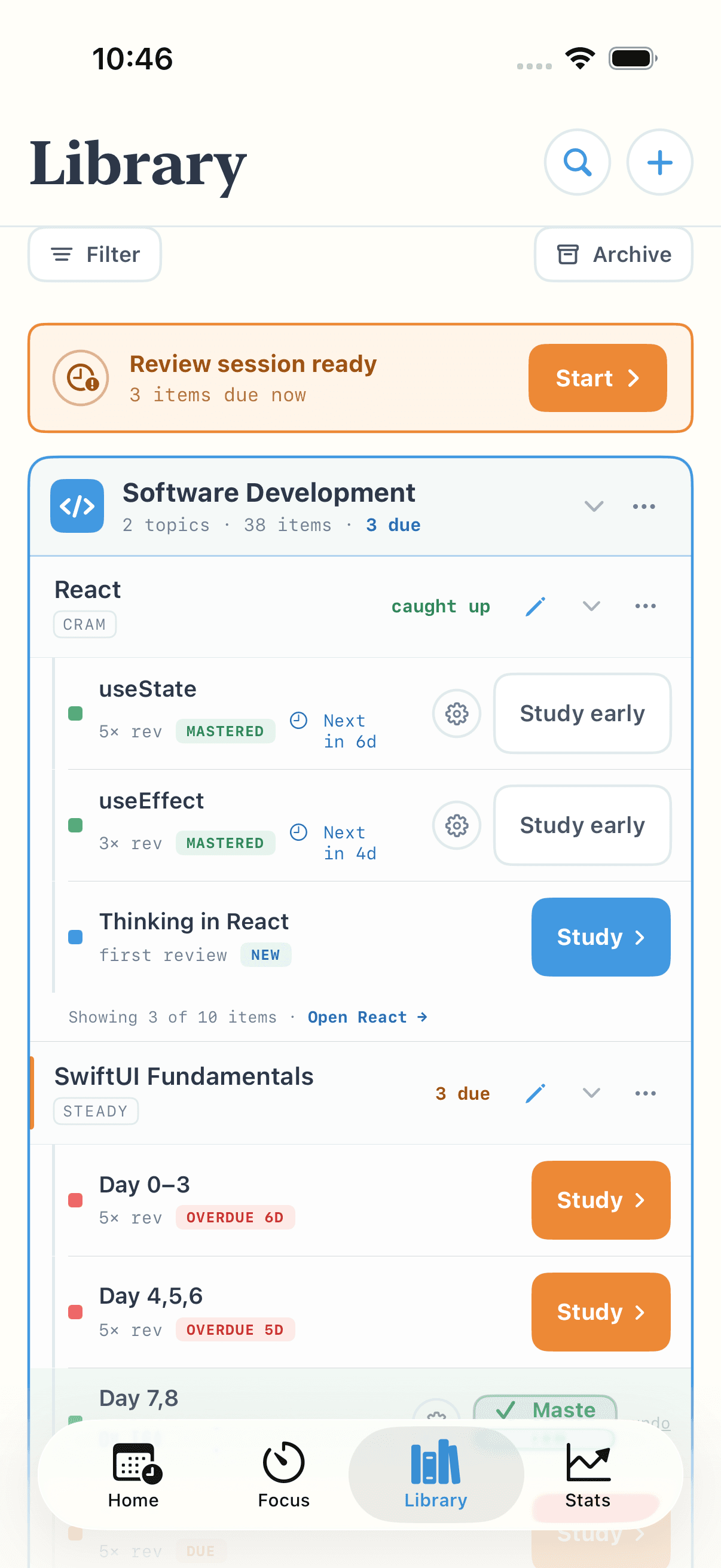 A review session ready — hit Study and mark items done